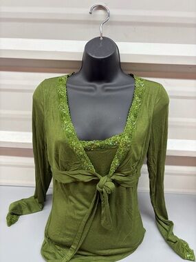 Olive Green Sequin Trim Tie-Front Top